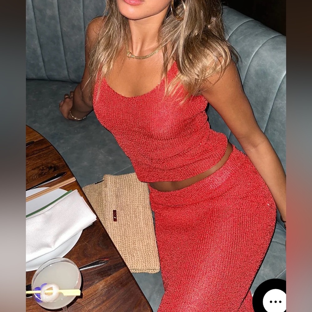 Red Sequin Knit Top and Skirt Set